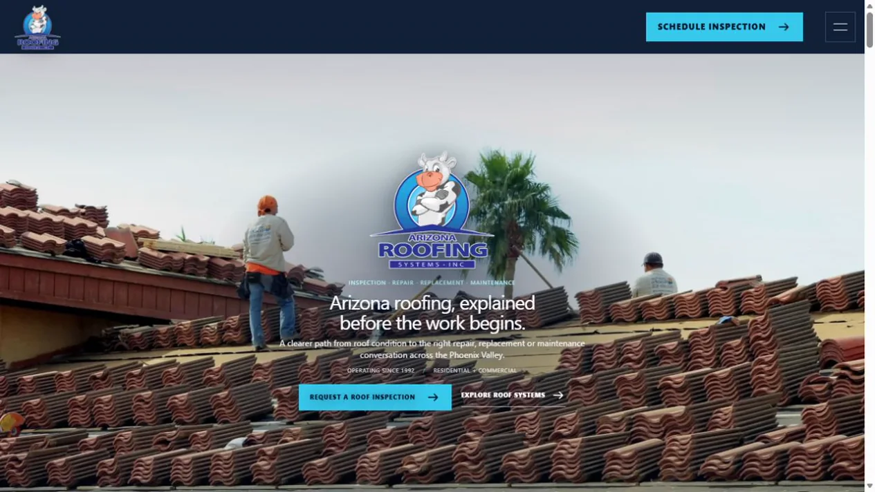 Arizona Roofing Systems concept website first screen